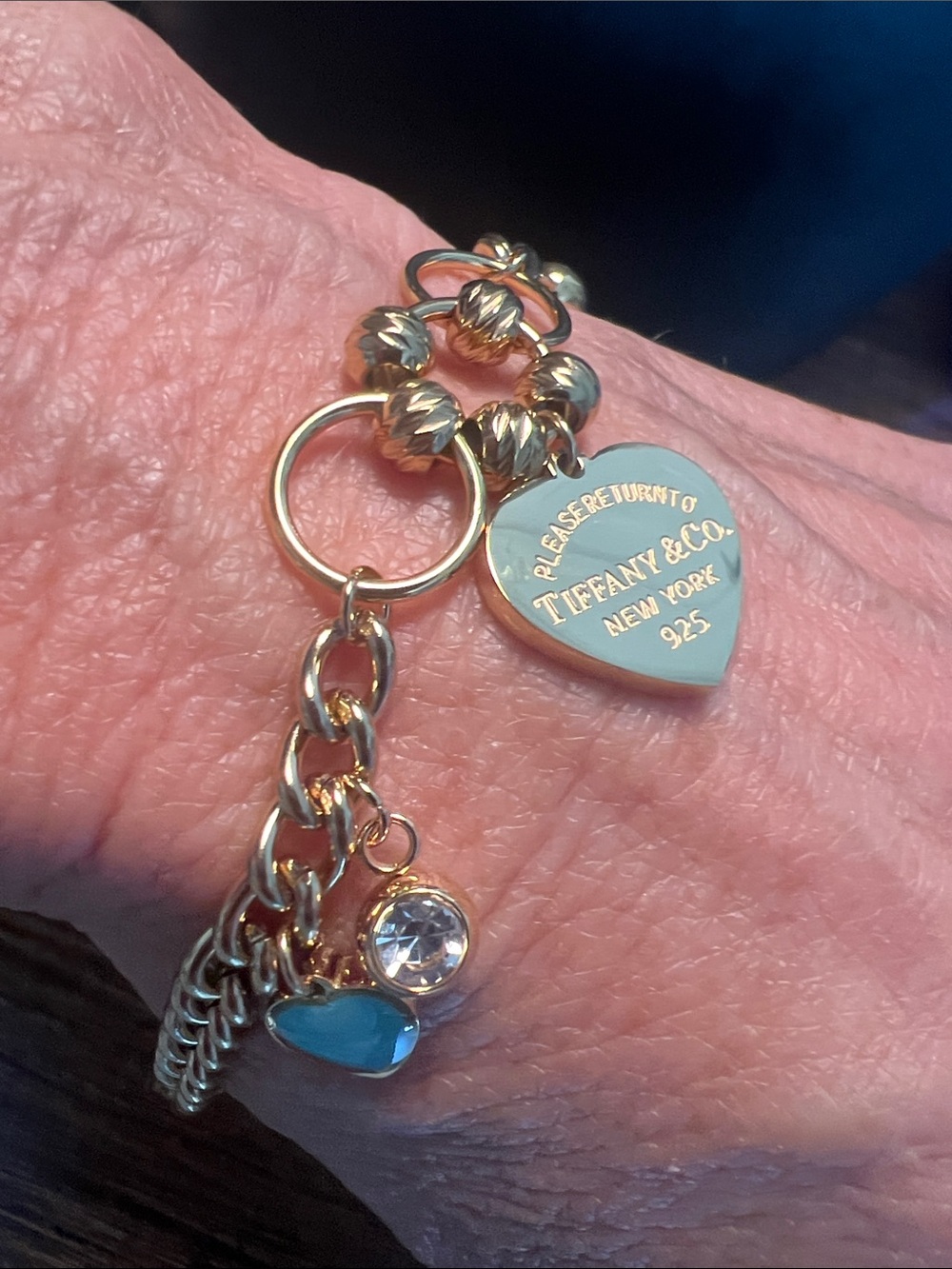 Gold-Tone Heart Tag Charm Bracelet with Blue Enamel Accent
